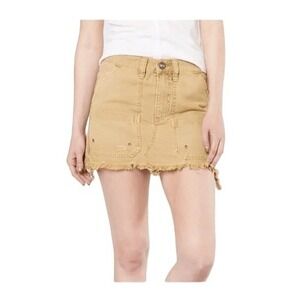 Free People Denim Utility Cargo Mini Skirt Tan Camel Canvas Relaxed Raw Hem 25